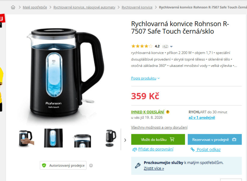 Rychlovarná konvice Rohnson, 1,7 l, 2200W