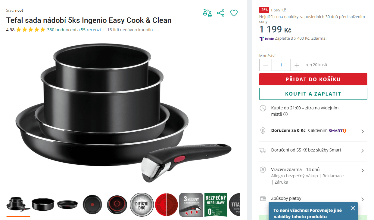 5 dílná sada Tefal Ingenio Easy Cook & Clean, ne indukce