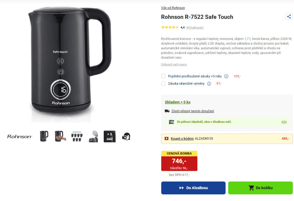 Rychlovarná konvice Rohnson, 1,7 l, 2200W, teploty