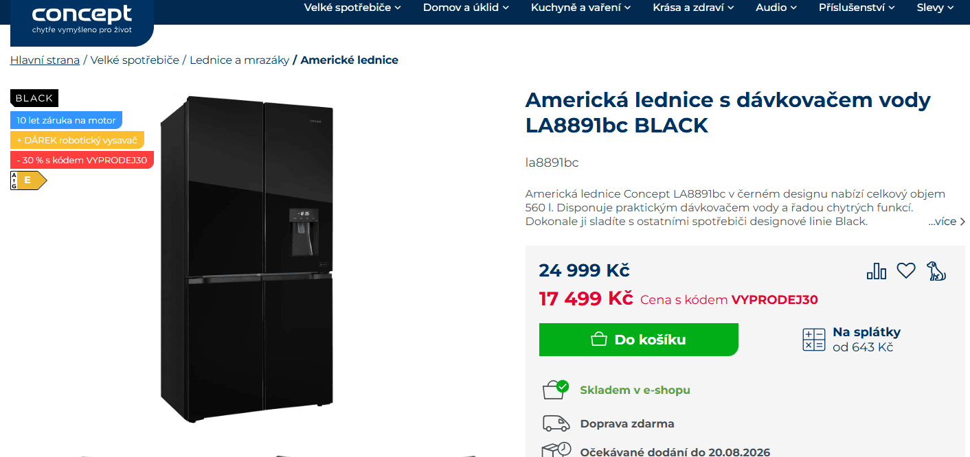 Americká lednice Concept, voda, 183 cm