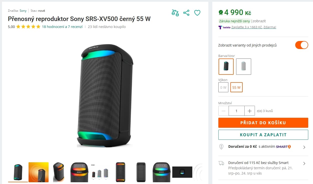 Aktivní BT repro SONY, 180 W, Mega Bass
