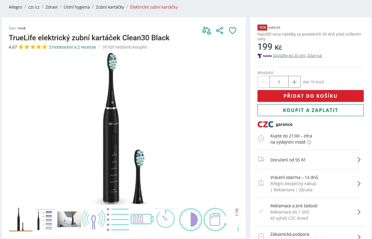 Sonický kartáček Truelife, 5 režimů, 70000 poh