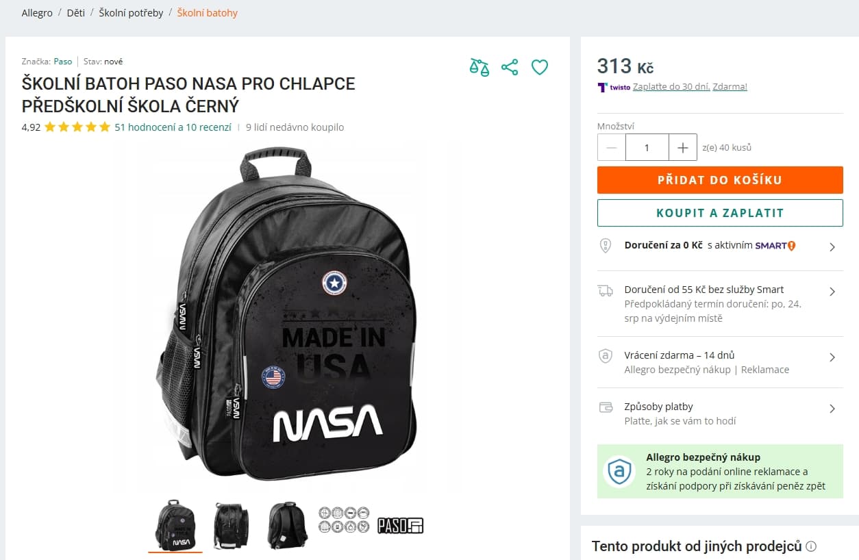 Školní taška pro 1. i 2. stupeň Paso Nasa, 18 litrů