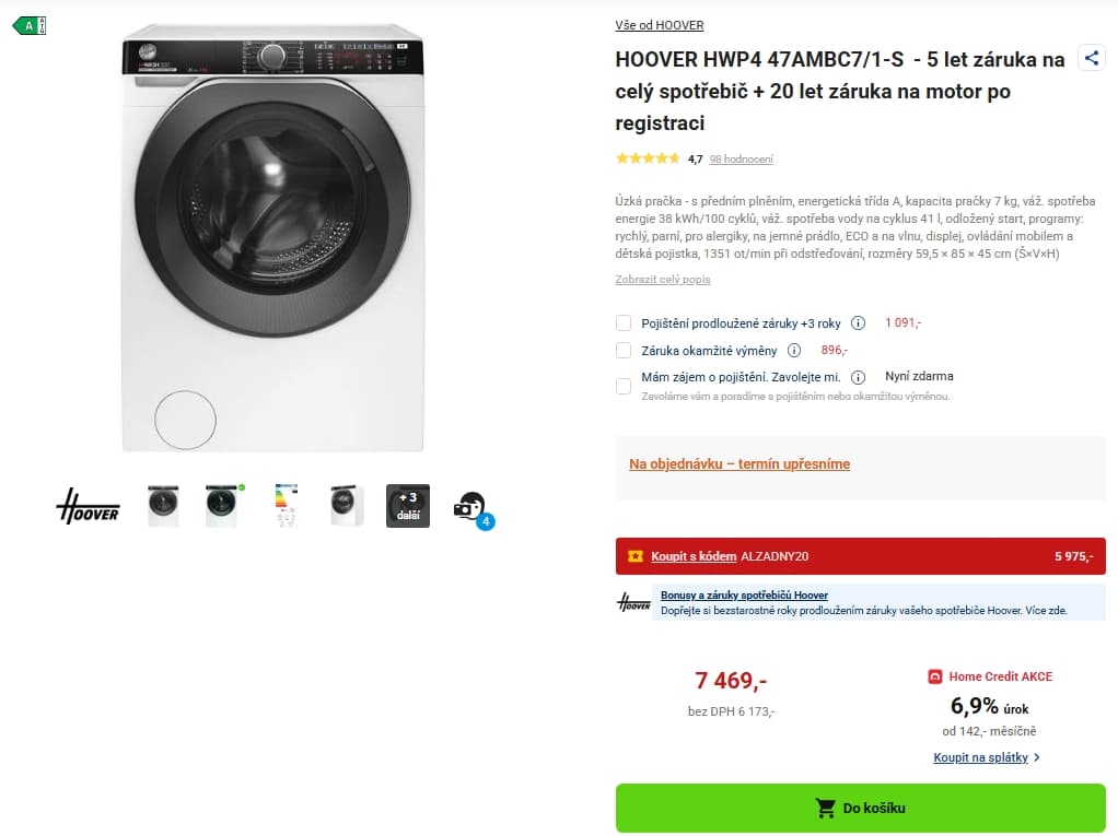 Pračka Hoover 7kg, 1400 ot., Wifi, BT, A, 45 cm