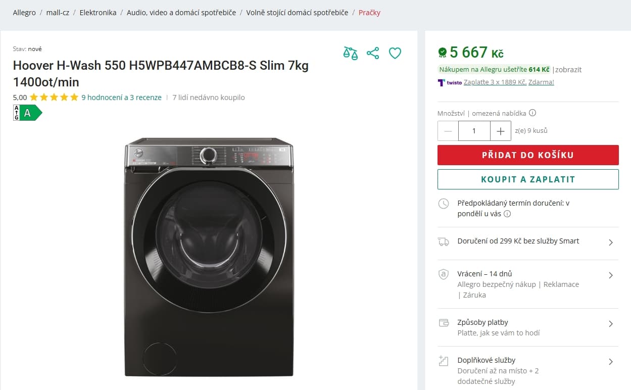 Parní pračka Hoover 7kg, 1400ot., Wifi