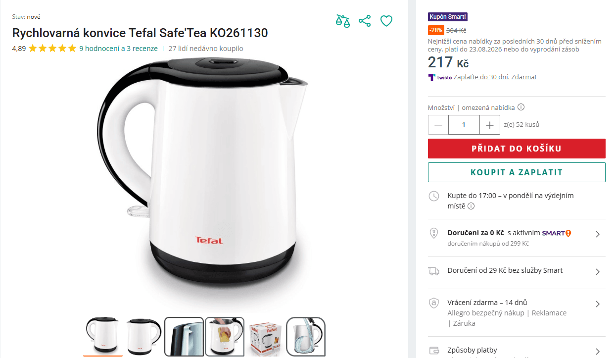 Rychlovarná konvice Tefal 1 l., 1800 W