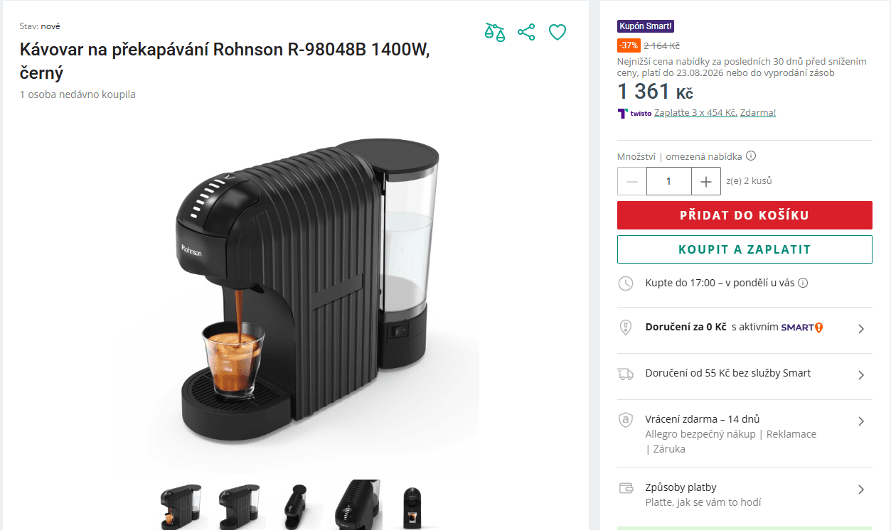 Kávovar na kapsle a mletou kávu Rohnson 20 bar