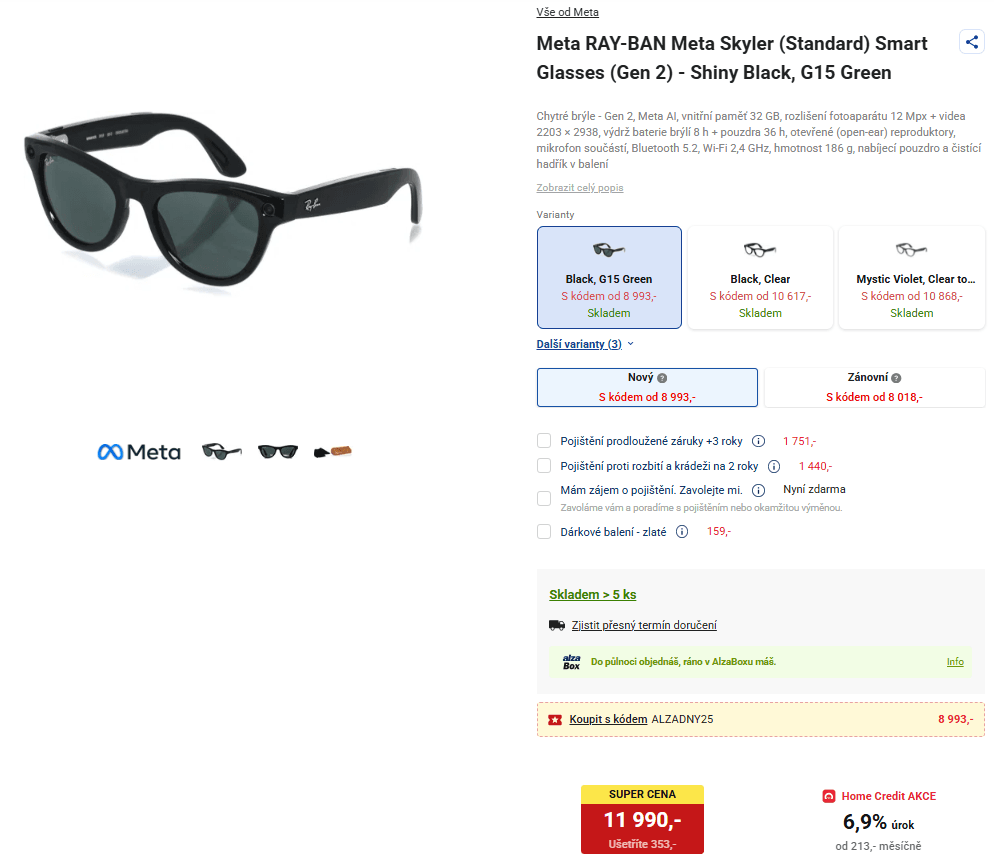 Chytré brýle Meta Ray-Ban Skyler Gen2