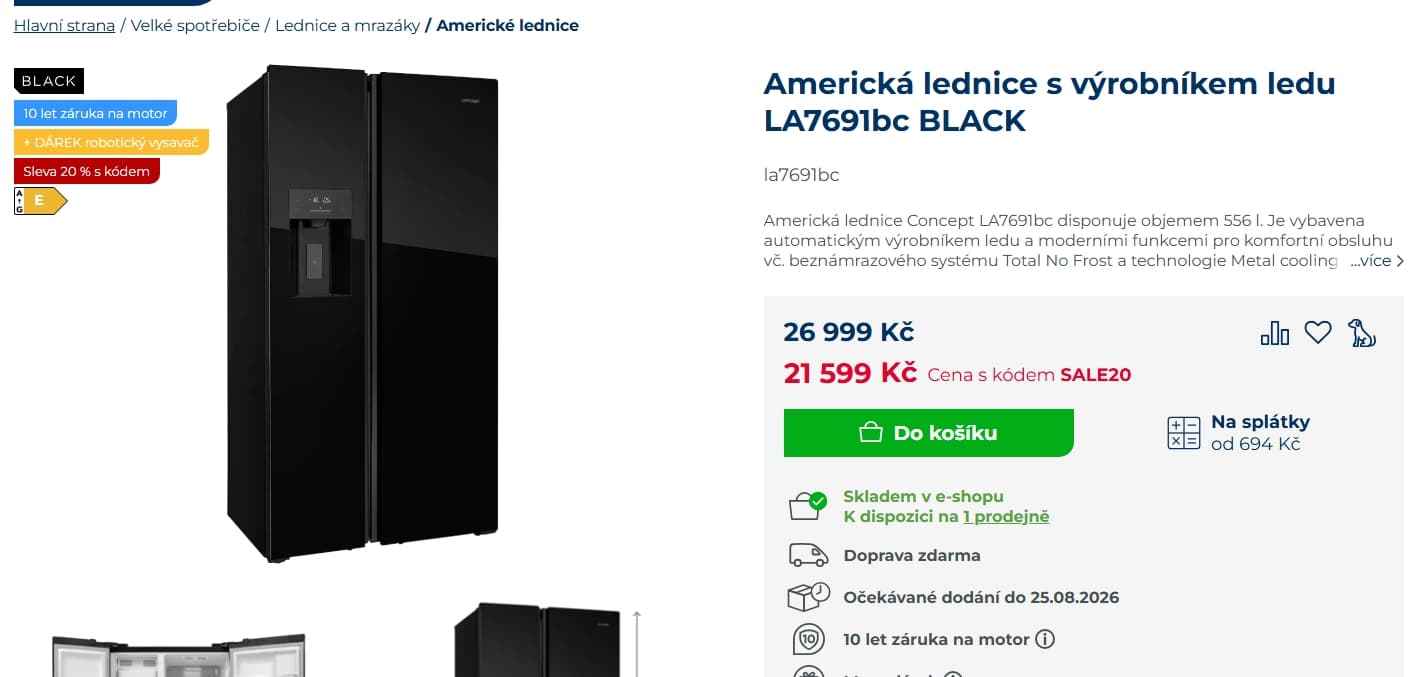 Americká lednice Concept, led, tříšť, voda, 178 cm