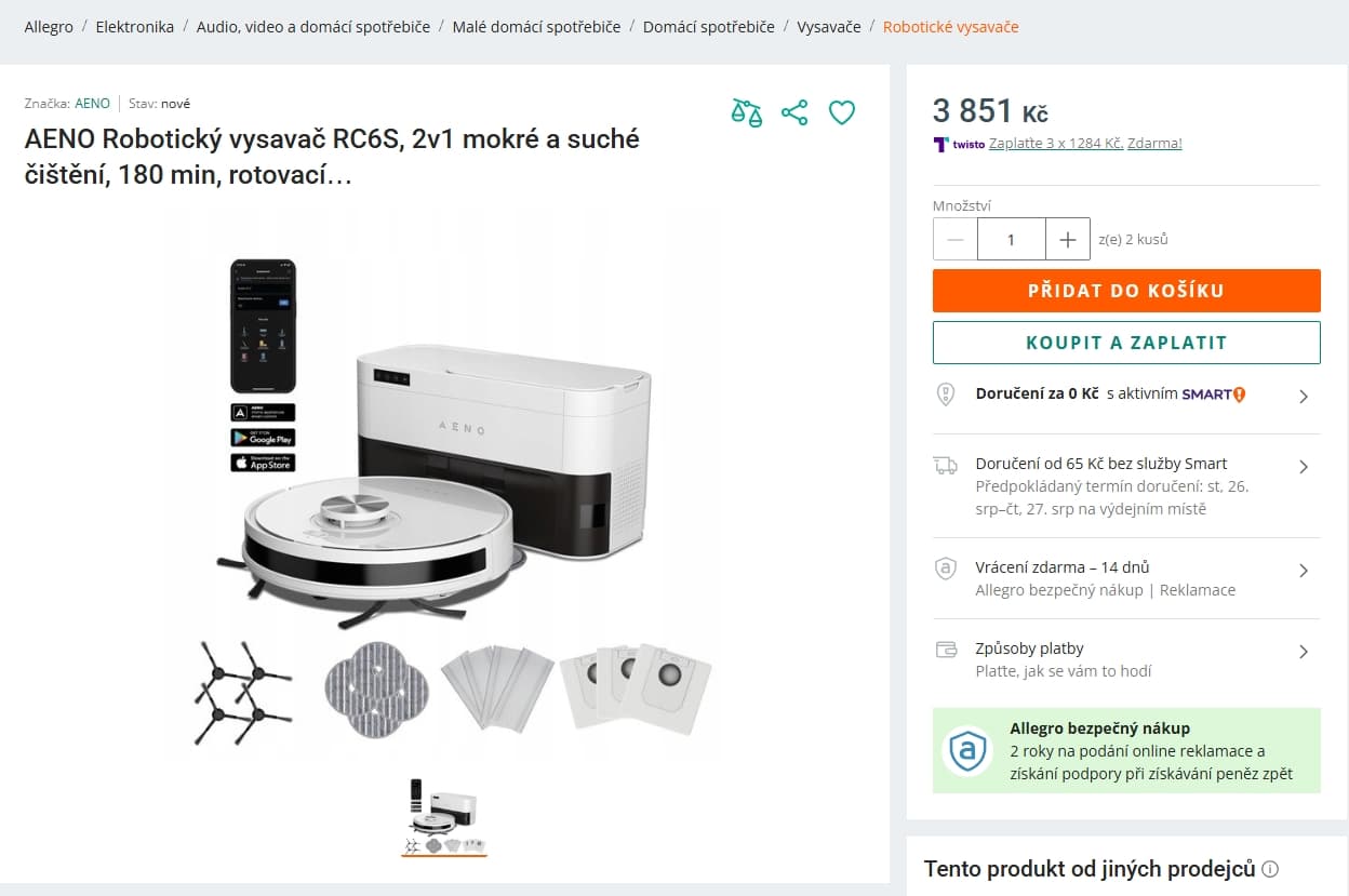Robot vysavač/mop/stanice Aeno, lidar, hepa