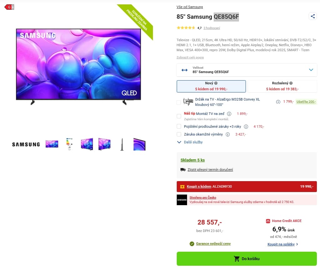 4K QLED TV, 189 cm, Samsung