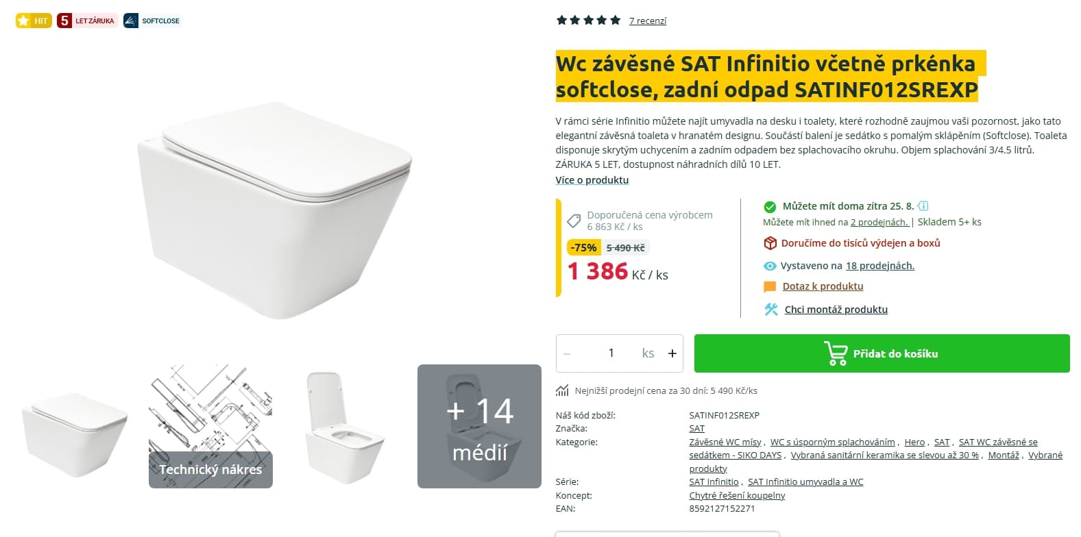 Závěsné Wc SAT Infinitio včetně prkénka softclose