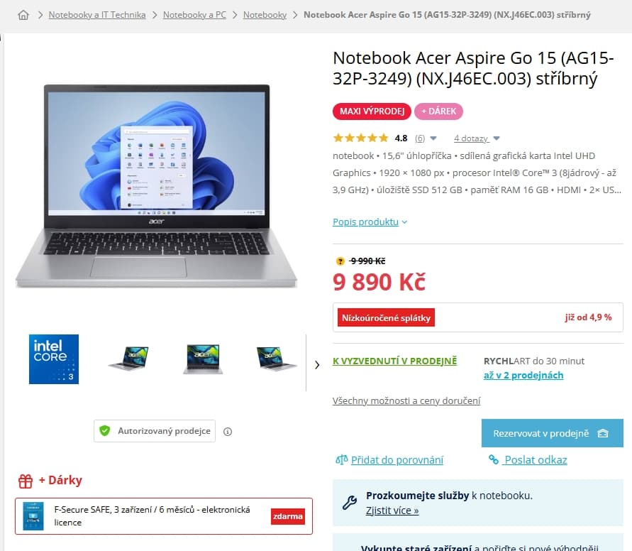 Acer i3 3,9GHz, 16/512GB, 15,6", W11