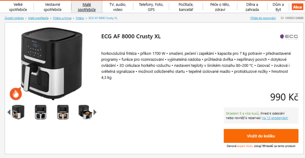Horkovzdušná fritéza ECG 7 litrů, programy