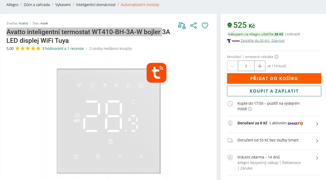Chytrý Wi-Fi termostat Avatto, dotyk
