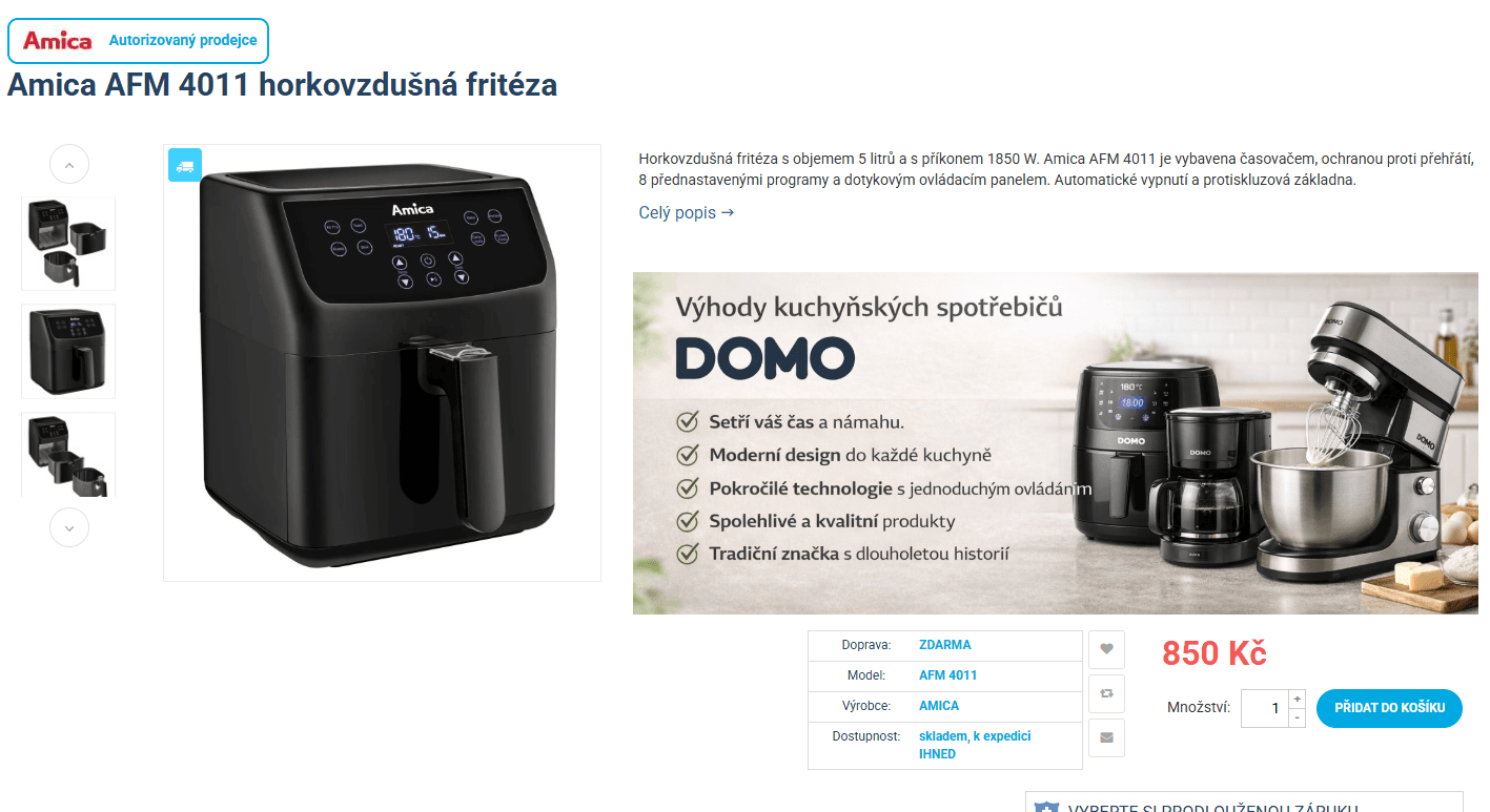 Horkovzdušná fritéza Amica 5 litrů, 8 programů