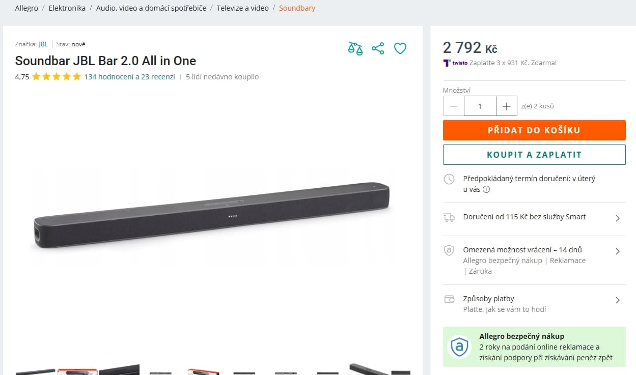 Soundbar JBL Bar 2.0, 80 W, Dolby