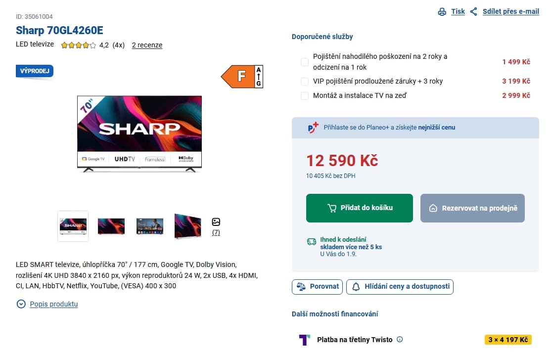 4K Google, TV, Atmos, 178 cm, Sharp