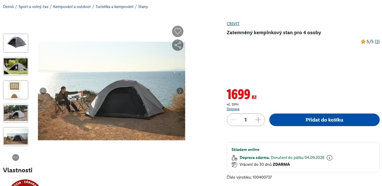 Zatemněný kempinkový stan Crivit pro 4 osoby