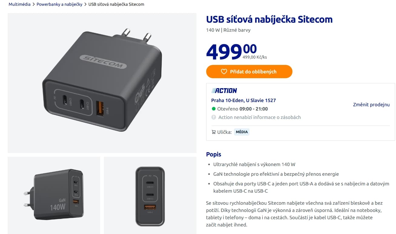 USB síťová nabíječka Sitecom GaN, 140 W
