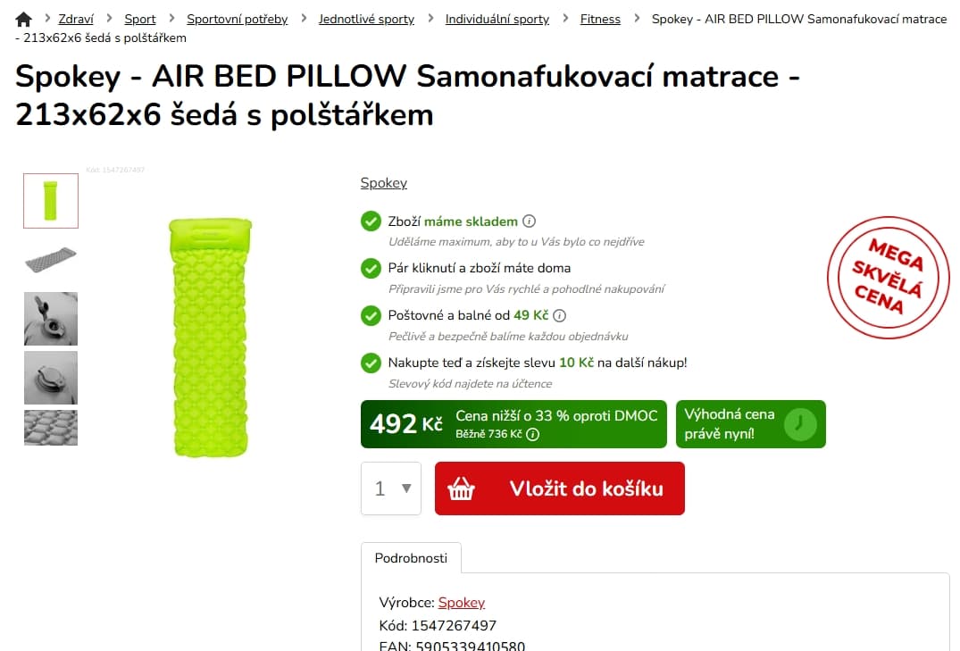 Samonafukovací karimatka s polštářem Spokey