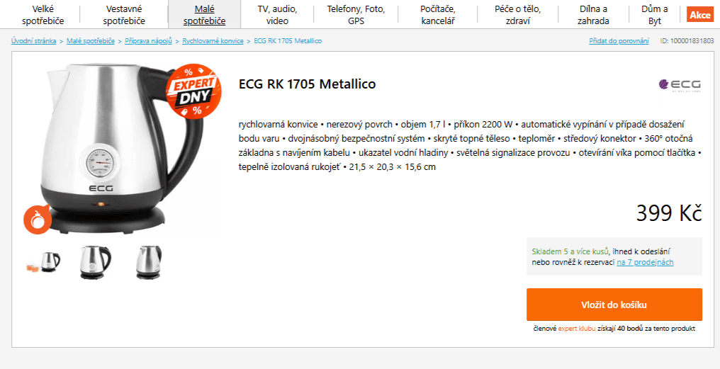 Rychlovarná konvice ECG 1,7 l., teploty