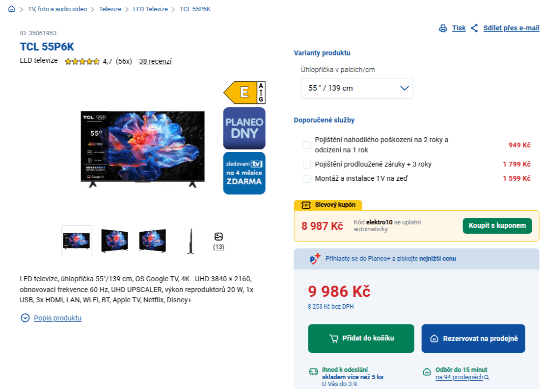 4K Google TV, 139 cm TCL