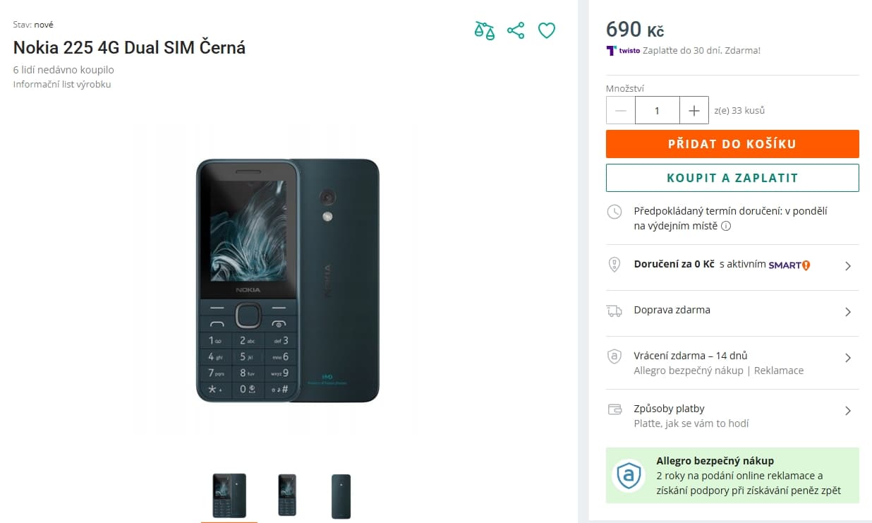 Klasický mobil Nokia 225 4G, dual