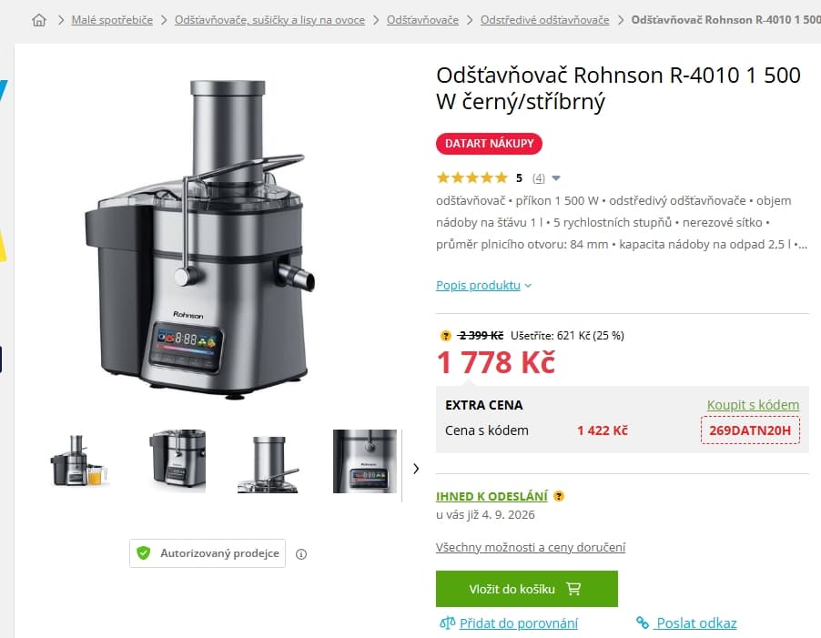 Odstředivý odšťavňovač Rohnson, 1500 W