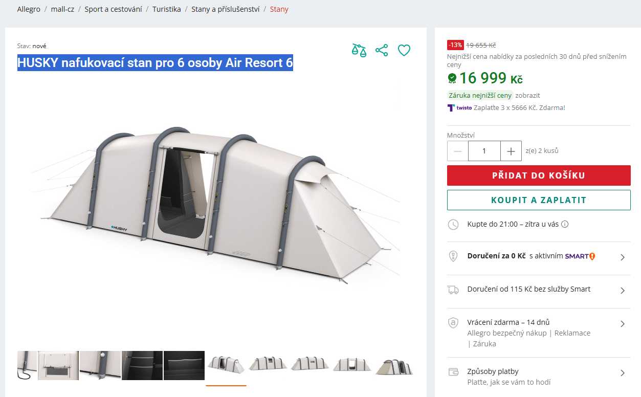 Nafukovací stan pro 6 osob Husky, 6x2 m
