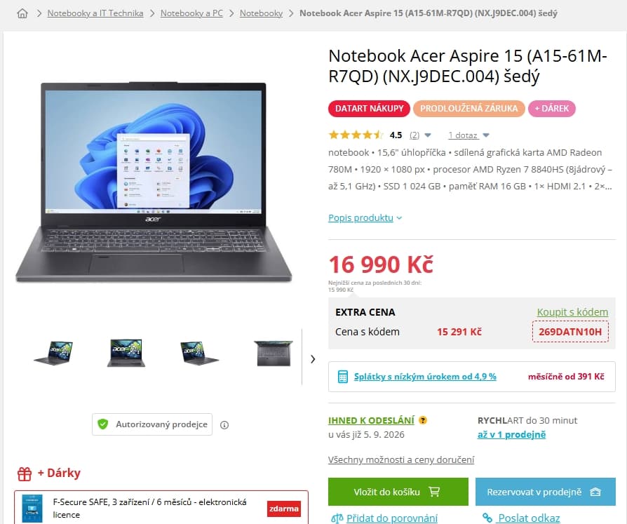Acer 5,1 GHz, 16/1000 GB, 15,6", 1,77 kg