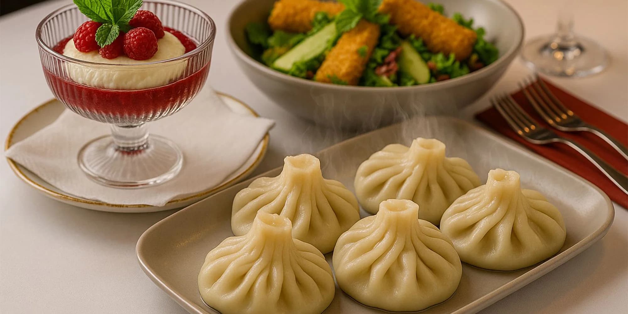 3chodové gruzínské menu: Khinkali, salát s domácím smaženým sýrem suluguni, Panna Cotta, pro 1 nebo 2 osoby