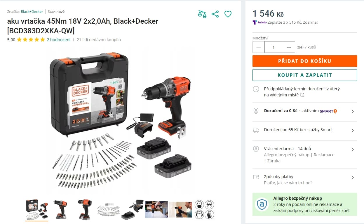 Aku vrtačka Black&Decker, 2 aku + nabíječka, kufr, vybavení