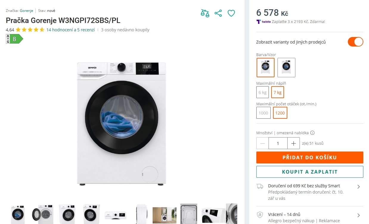 Parní pračka Gorenje 7 kg, 1200 ot.