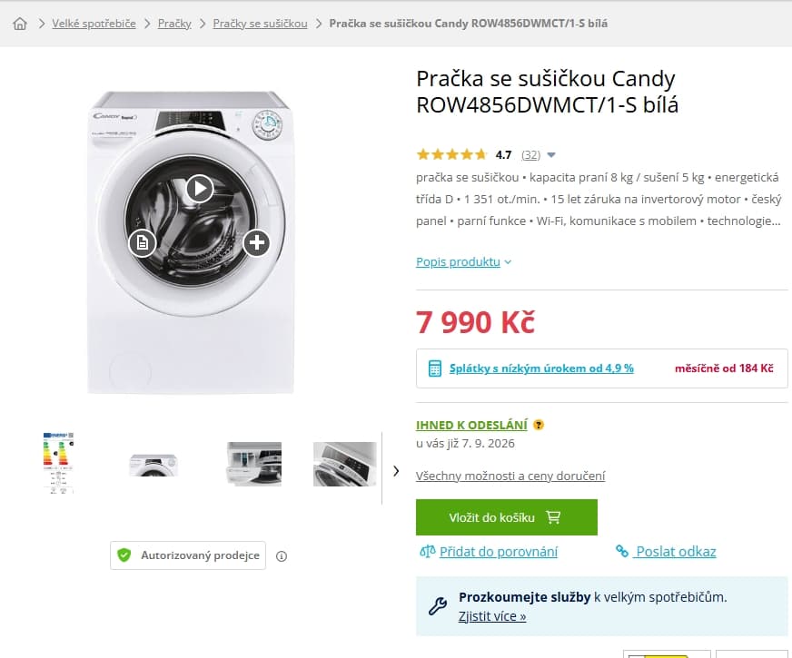 Pračka / Sušička Candy 8/5kg, 1400ot., pára, Wifi