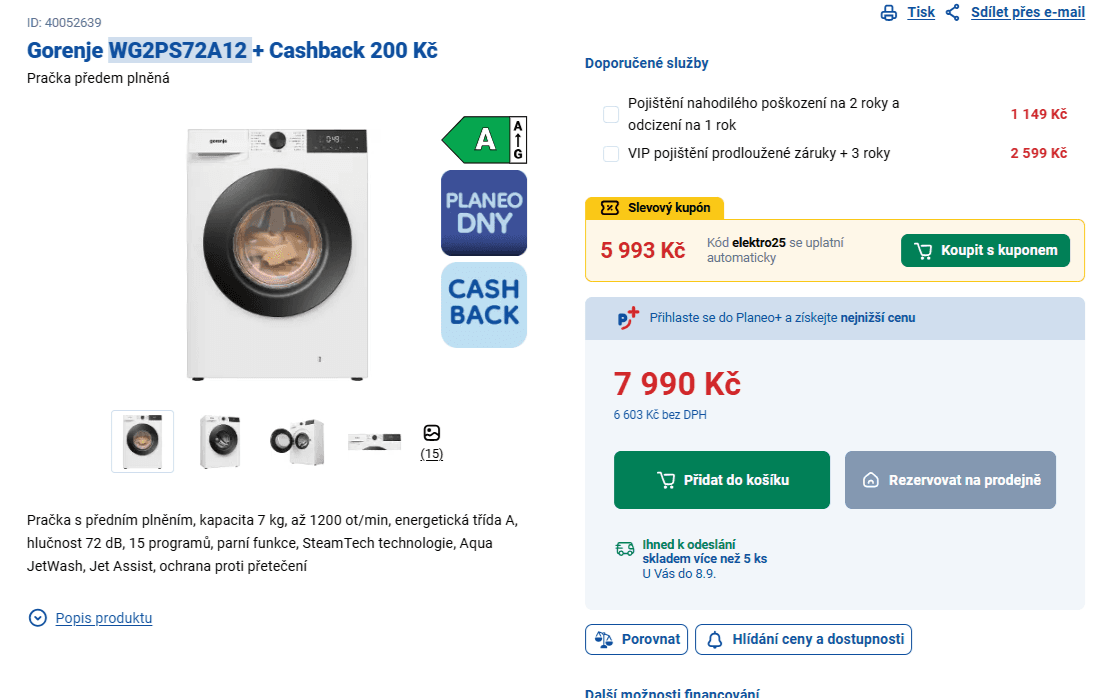 Parní pračka Gorenje 7 kg, 1400 ot., A