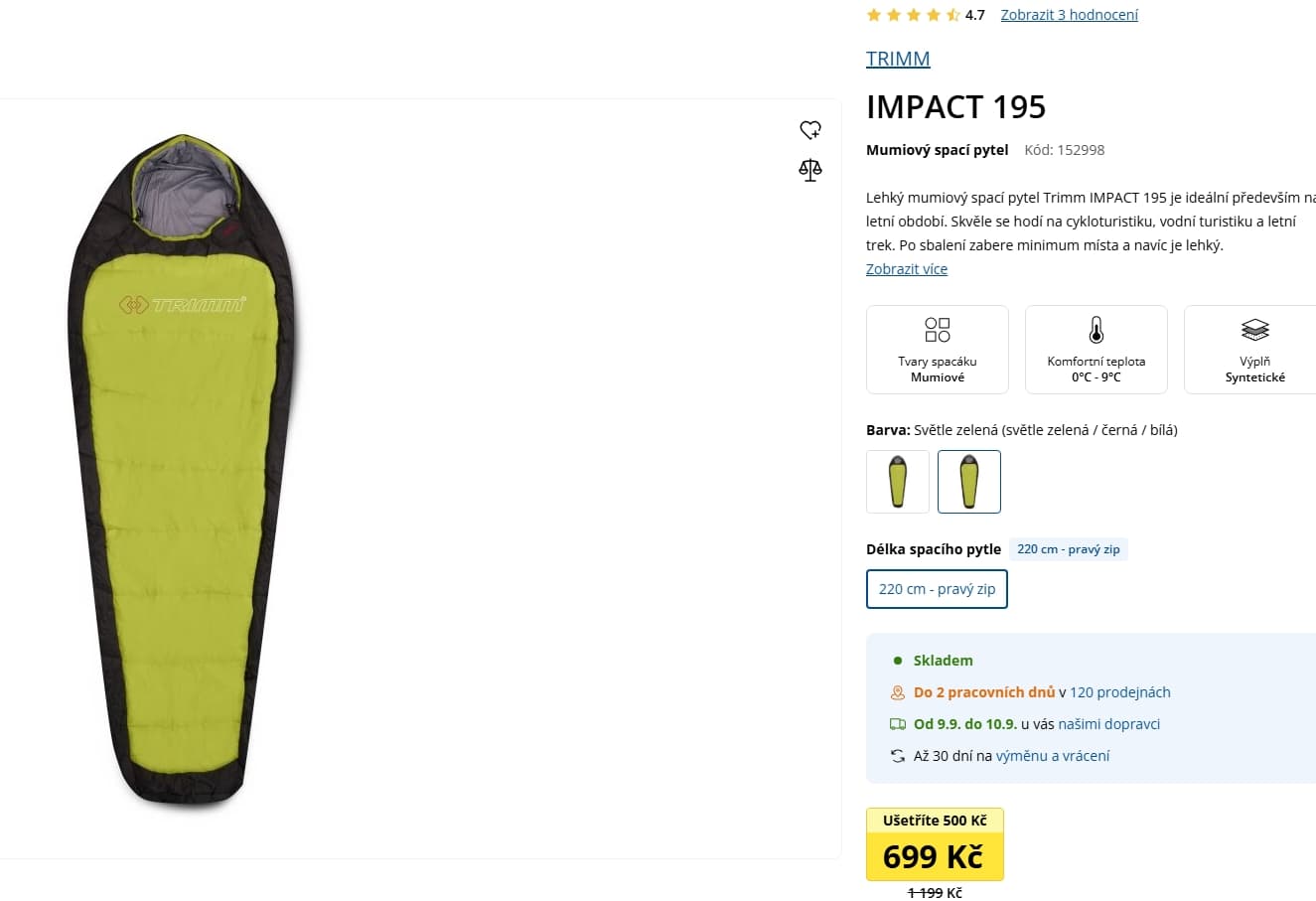 Spací pytel Trimm Impact, letní, 220 cm