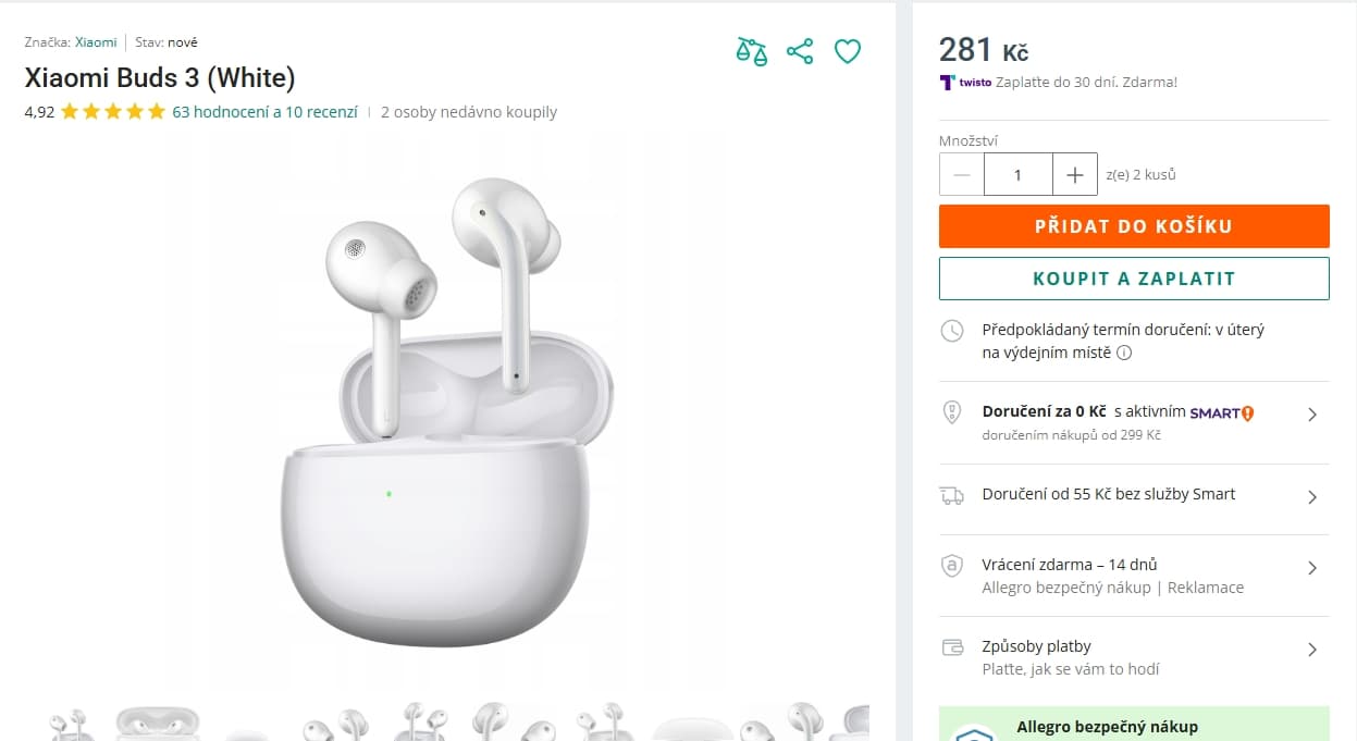 BT sluchátka Xiaomi Buds 3, ANC 