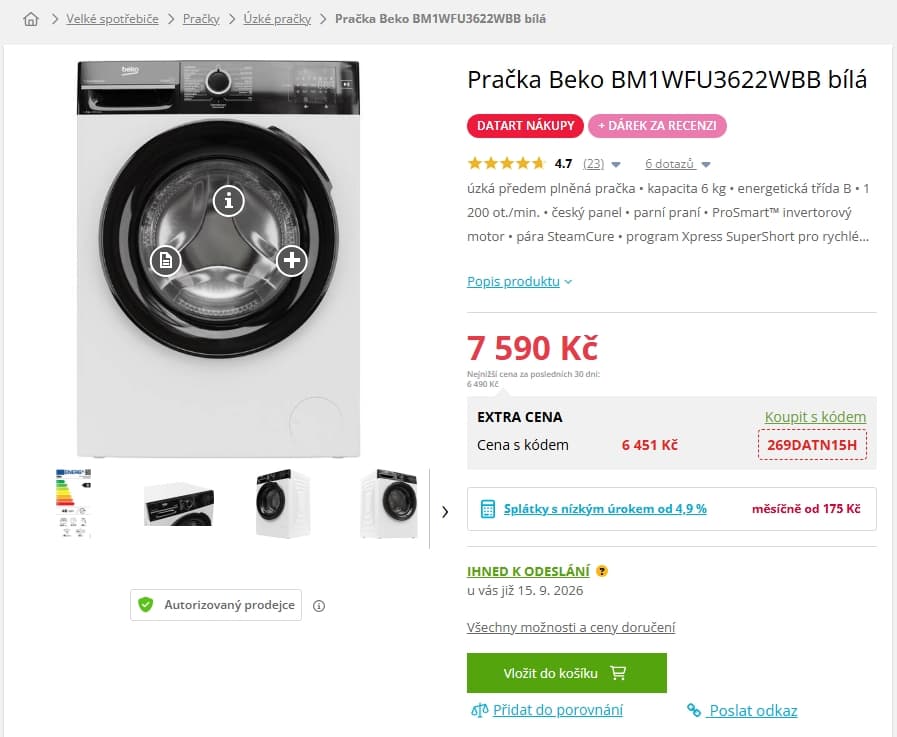 Parní pračka Beko, 6 kg, 1200 ot./min, 45 cm