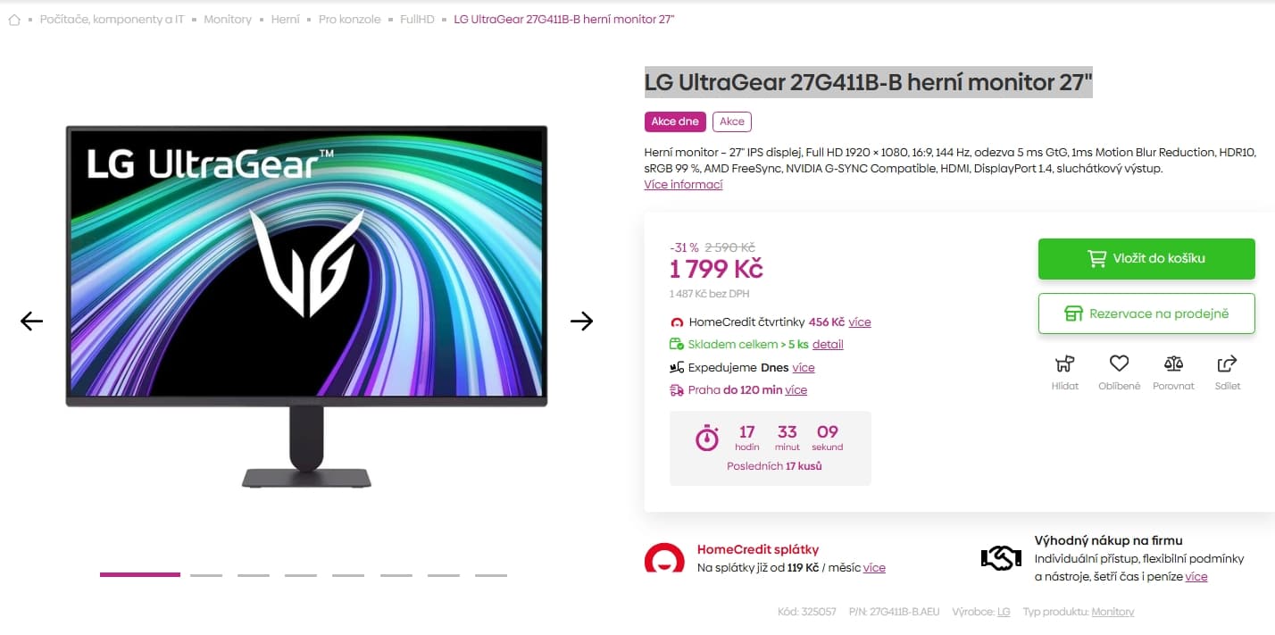 Herní Full HD PC monitor LG Ultragear 27"