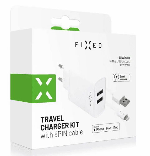 Set síťové nabíječky FIXED s 2x USB, 15 W, kabel