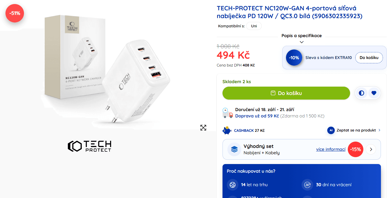 4portová síťová nabíječka Tech Protect, 120 W