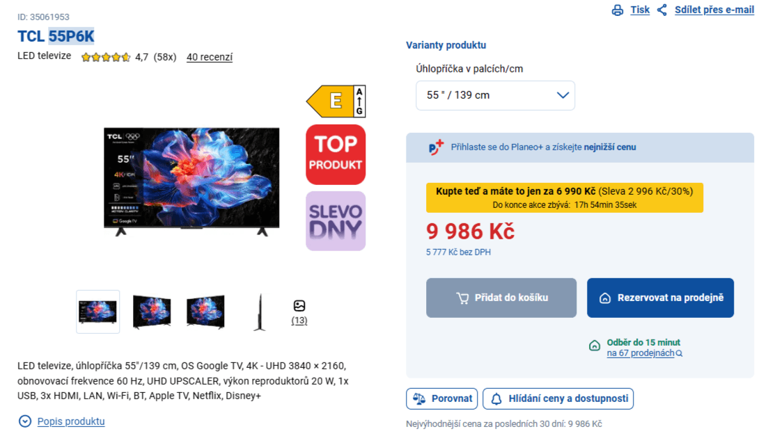4K Google TV, 139 cm TCL