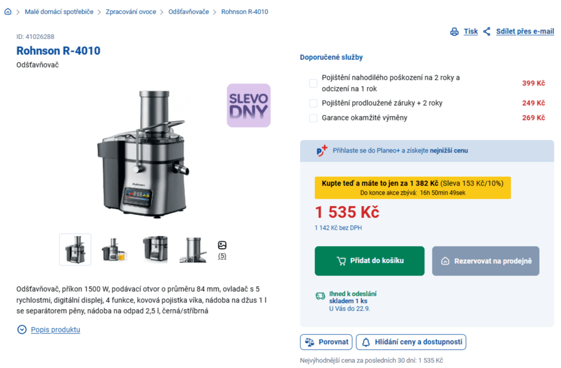 Odstředivý odšťavňovač Rohnson, 1500 W