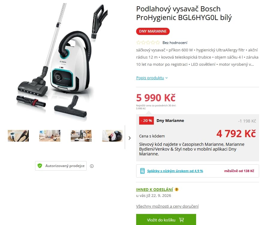 Sáčkový vysavač Bosch, 4 l.