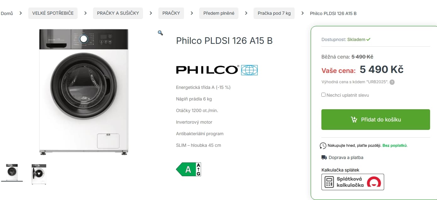 Parní pračka Philco 6 kg, 1200 ot., A