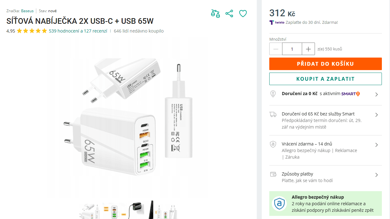 5 portová síťová nabíječka Baseus, 65 W