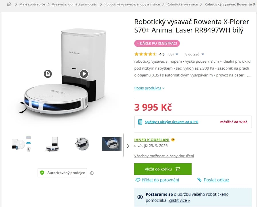 Robot vysavač/ mop/ stanice Rowenta 7,8 cm, laser