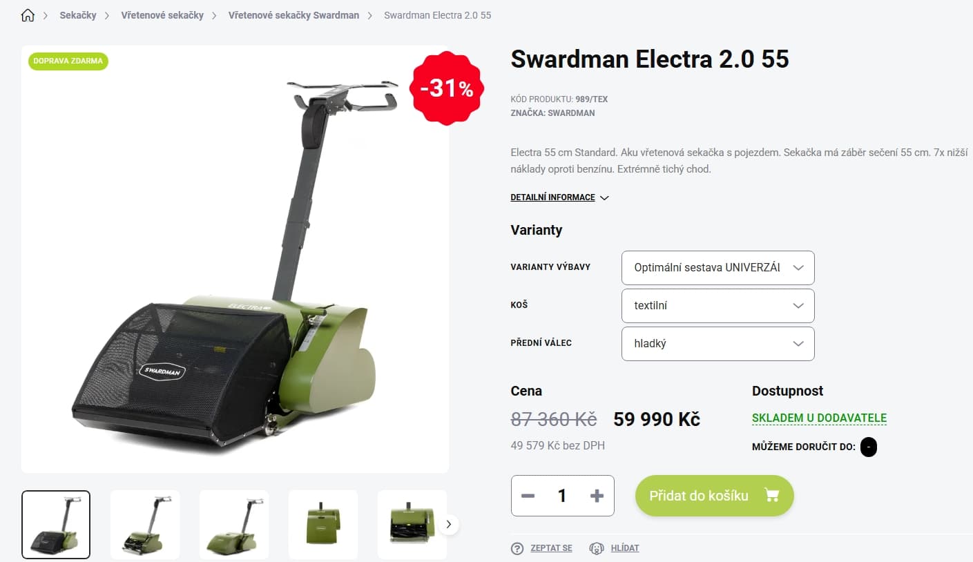 Vřetenová sekačka Swardman Electra 2.0 55 v plné výbavě