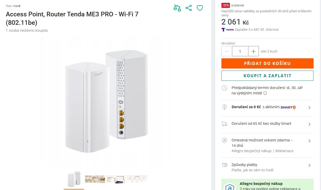 WIFI 7 Mesh systém Tenda ME3 PRO, 2ks